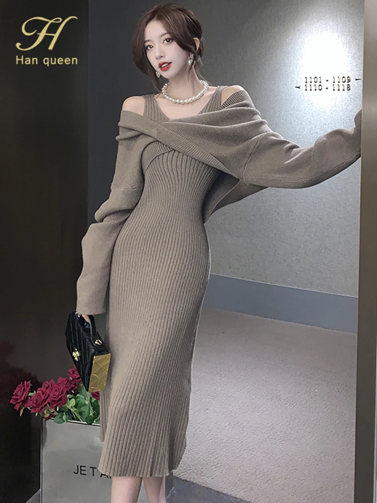 

H Han Queen Autumn 2 Pieces Casual Pullover Sweater Vestidos Elegant Simple Office Party Dress Women's Pencil Sheath Dresses