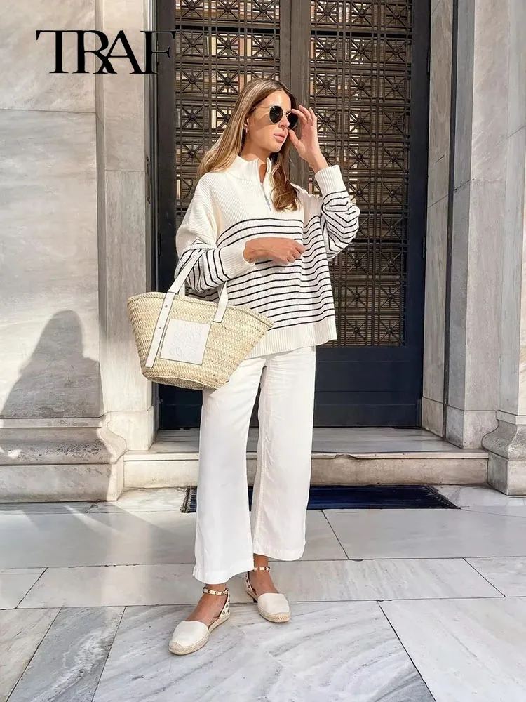 

2023 Women Sweater Striped Pullover Jumper Autumn Winter Sweaters Y2K Clothes Korean Fashion Zipper Tops Streetwear