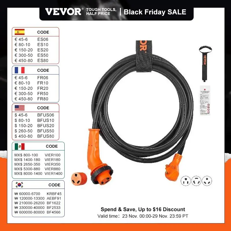 VEVOR 30A/50A RV Power Cord 15/25/30/50 Feet Heavy Duty Generator Cord with LED Indicator Handle 15A Adapter for RVs Powe Supply 1 VEVOR 30A/50A RV Power Cord 15/25/30/50 Feet Heavy Duty Generator Cord with LED Indicator Handle 15A Adapter for RVs Powe Supply 1