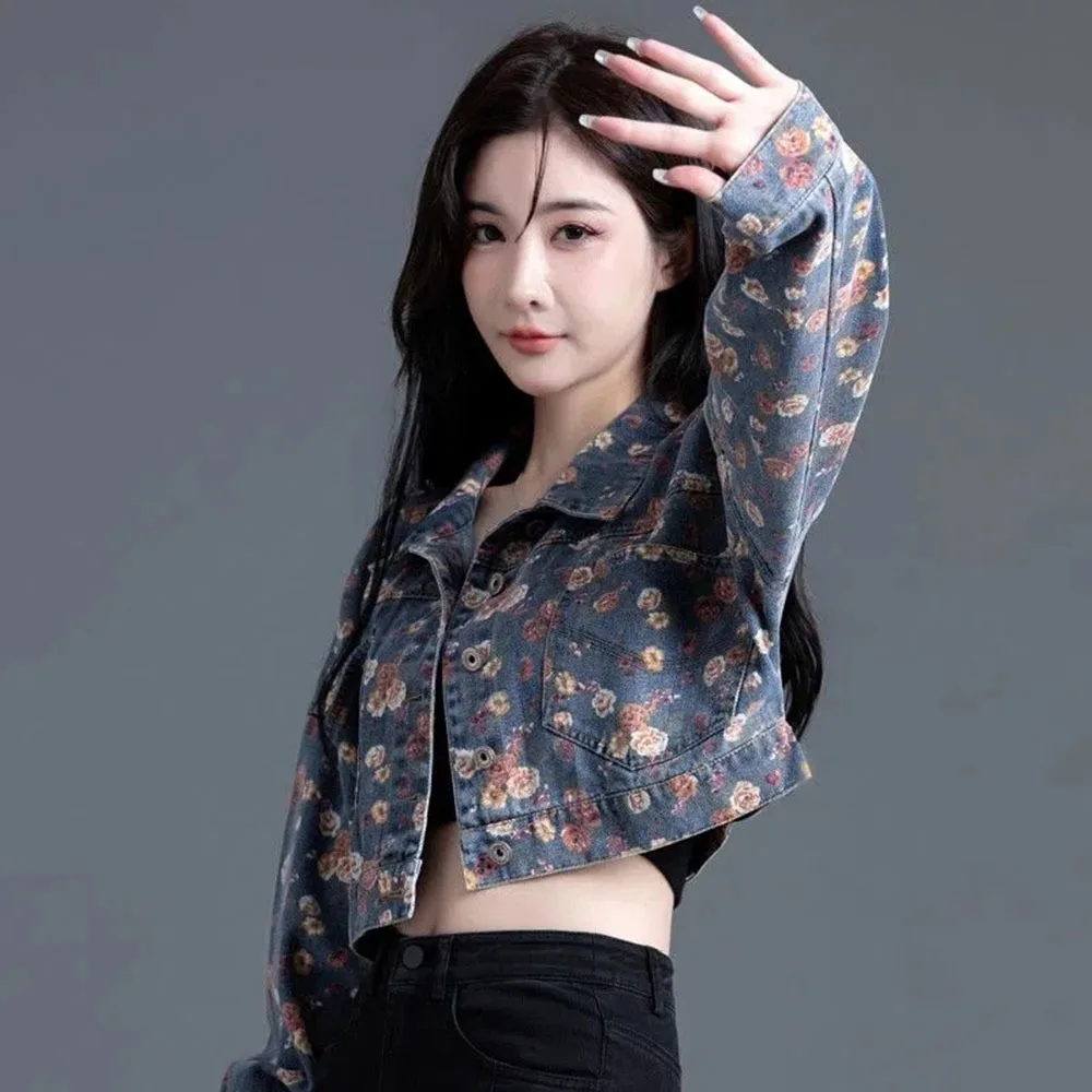 Женская джинсовая куртка с высокой талией короткая цветочным принтом верхняя