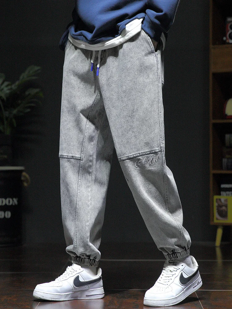 2023 New Fashion Streetwear Baggy Drawstring Jean Trousers Loose Patchwork Denim Jogger Pants Mens Big Size 5XL