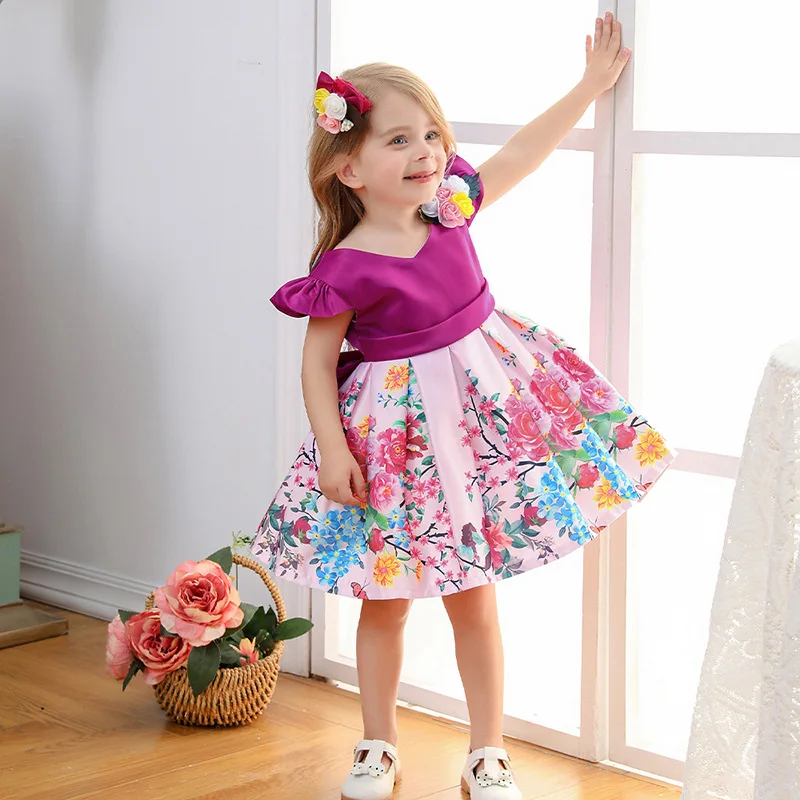 

Baby Girl Fly Sleeve Party Gown Flower Girls Dresses for Wedding Bow Tutu Birthday Kids Clothes Princess Tulle Children Costume