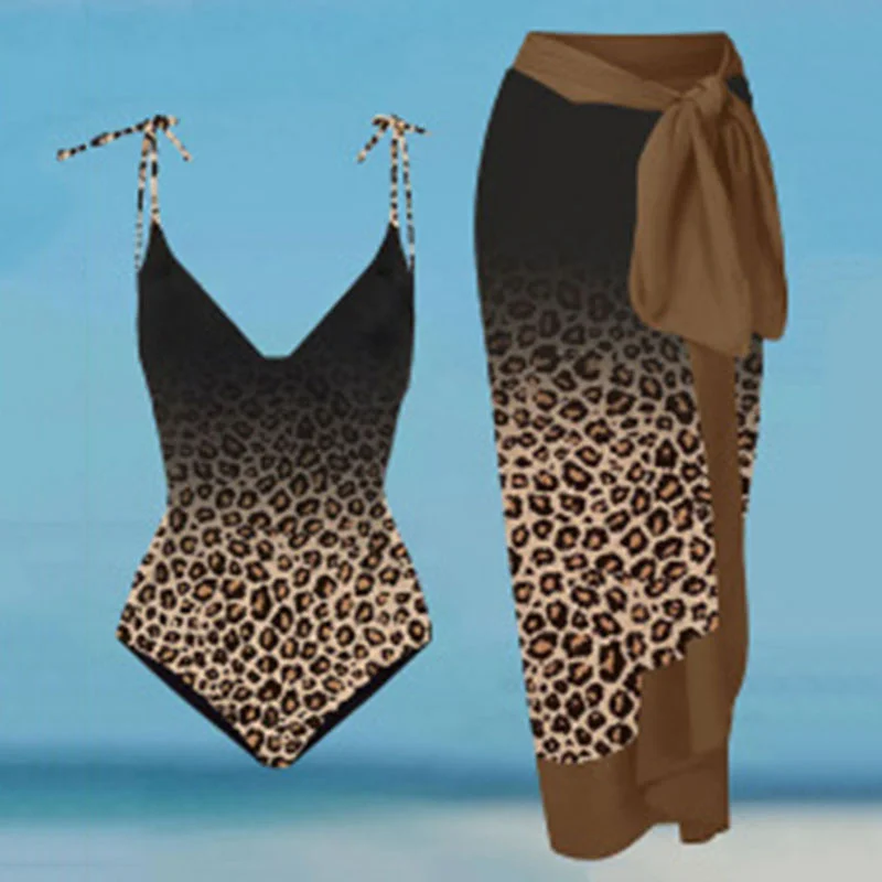 Women One Piece Swimsuit Swimwear Cover Up Retro Holiday Beach Dress Leopard Print Skirt Summer Surf Wear Bathing Suit
