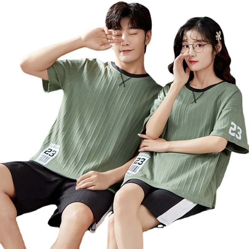 Can be worn outside summer couple cotton pajamas short-sleeved shorts men and women large size cartoon thin suit home service