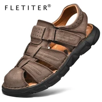 fletiter size 38 48 mens sandals comfort genuine leather summer high quality beach slippers casual footwear outdoor beach shoes
