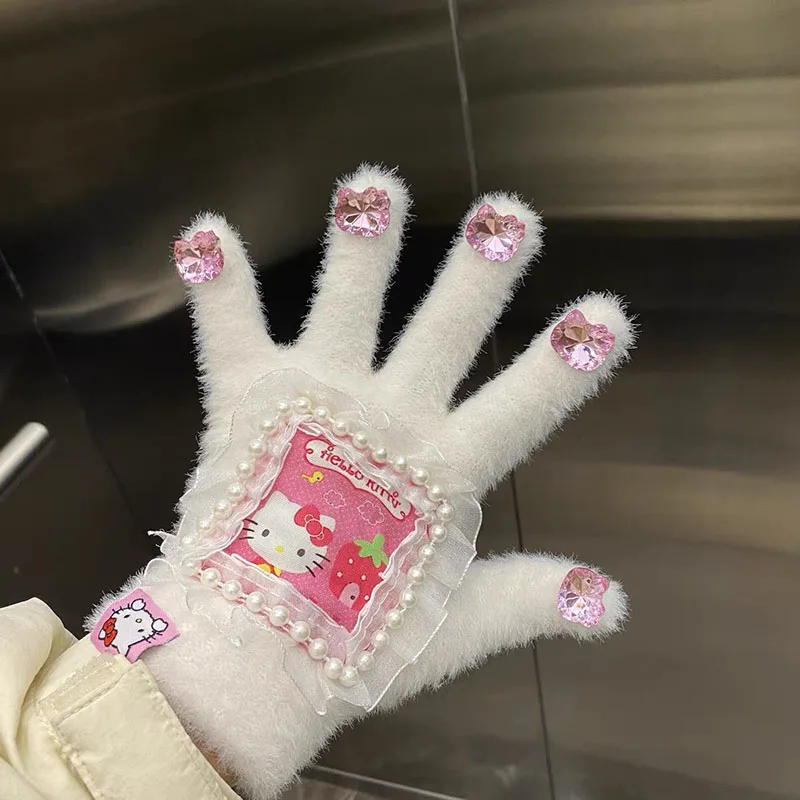 

Kawaii Sanrios Plush Gloves My Melody Cinnamoroll Kitty Cartoon Cute Girl Heart Gloves Winter Windproof Thickened Gift for Girls