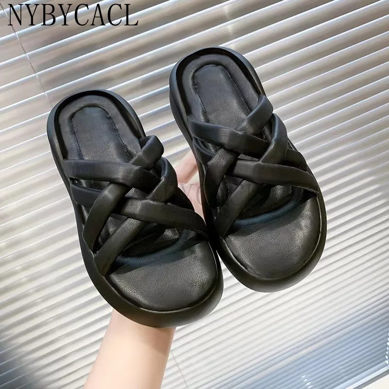 Women Real Leather Slippers Platform Solid Color Casual Outdoor Summer Sandals Fashion Ladies Footwear Size 35-40 Beach Slipper