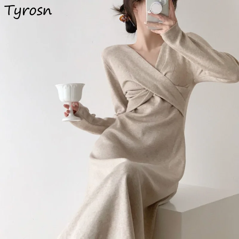 

Dresses Women Temperament Tender Criss-cross Sexy V-neck Autumn Casual Knitting Midi Vestidos Ulzzang Pure Simple Ladies Fashion