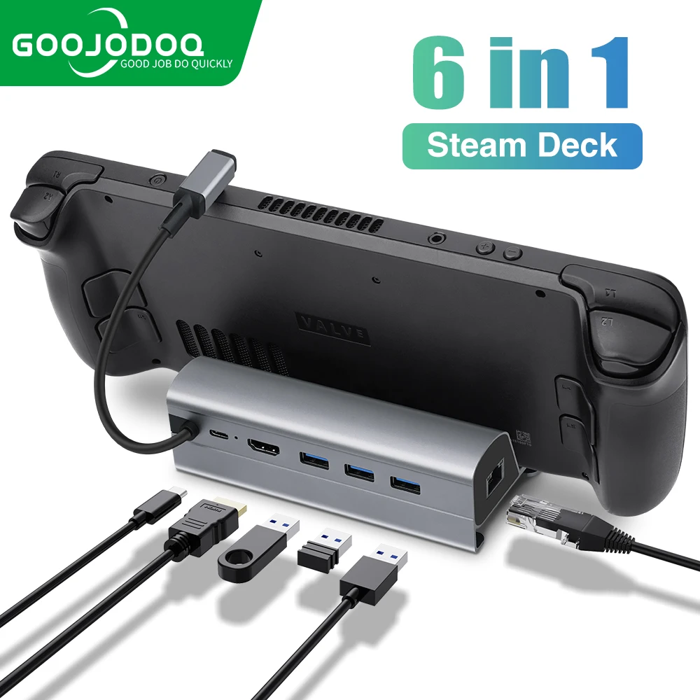 Docking Station Compatible with Steam Deck 6-in-1 Steam Deck Dock with HDMI 4K@60Hz Gigabit Ethernet 3 USB-A 3.0 Charging USB-C