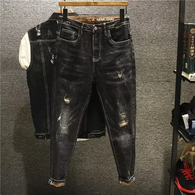 

Осенние джинсы Feet Jeans мужские черные укороченные брюки с вышивкой винтажные модные брендовые мужские брюки повседневные универсальные облегающие брюки