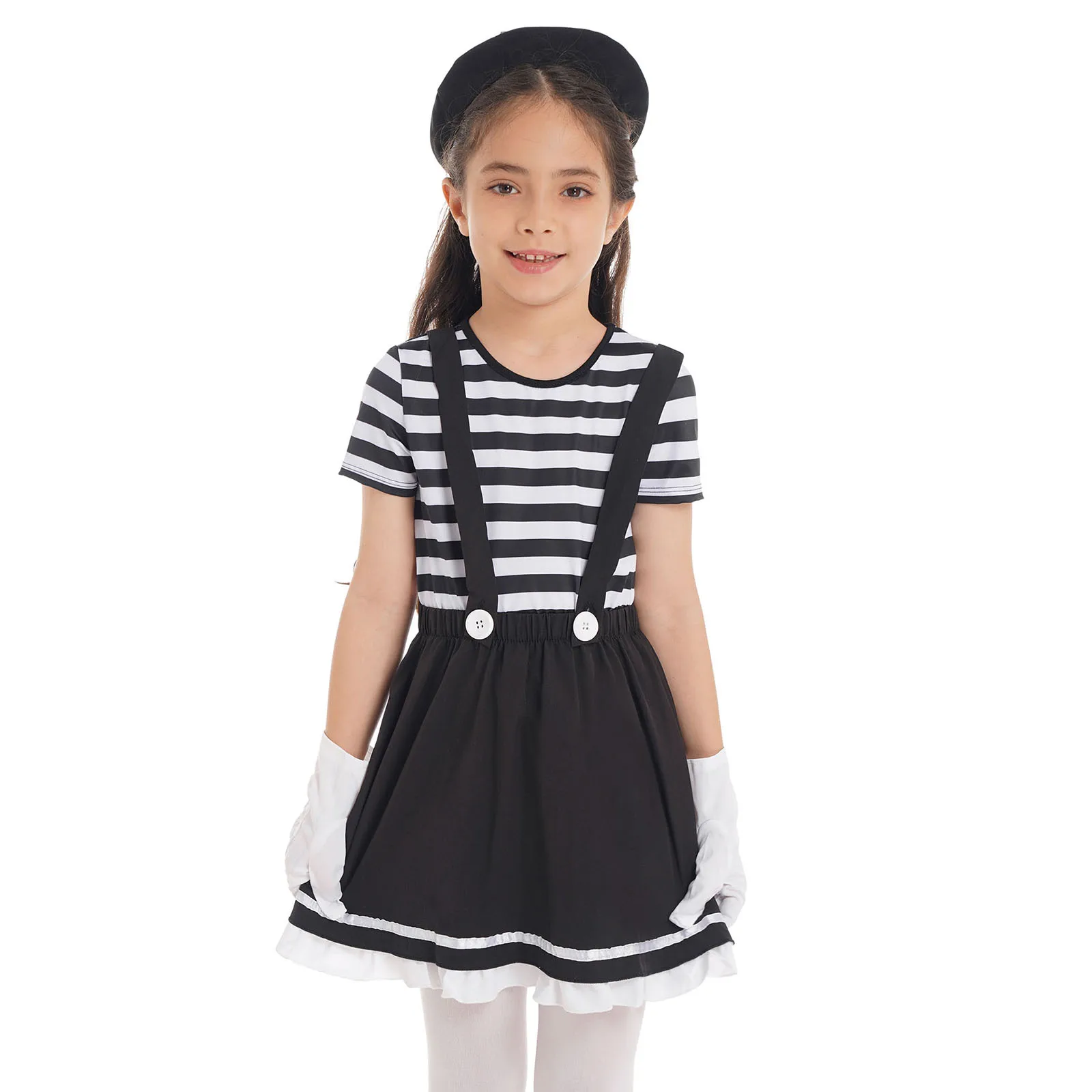 

Kids Girls Mime Artist Halloween Cosplay Costume Short Sleeves Stripes Print Bodice Short Suspender Dress with a Beret Hat