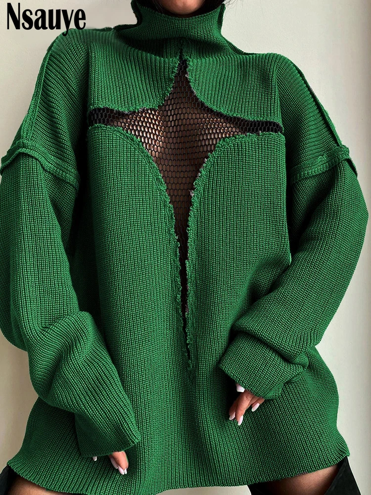 Пуловер Nsauye Y2K вязаный джемпер оверсайз топы ажурные Лоскутные водолазки с