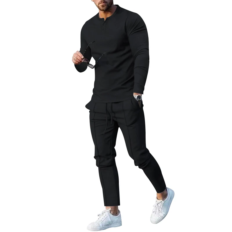 Men's 2023 Spring and Autumn Fitness Sports New Large Solid Henley shirt Long Sleeve Pants Set Fashion Spot