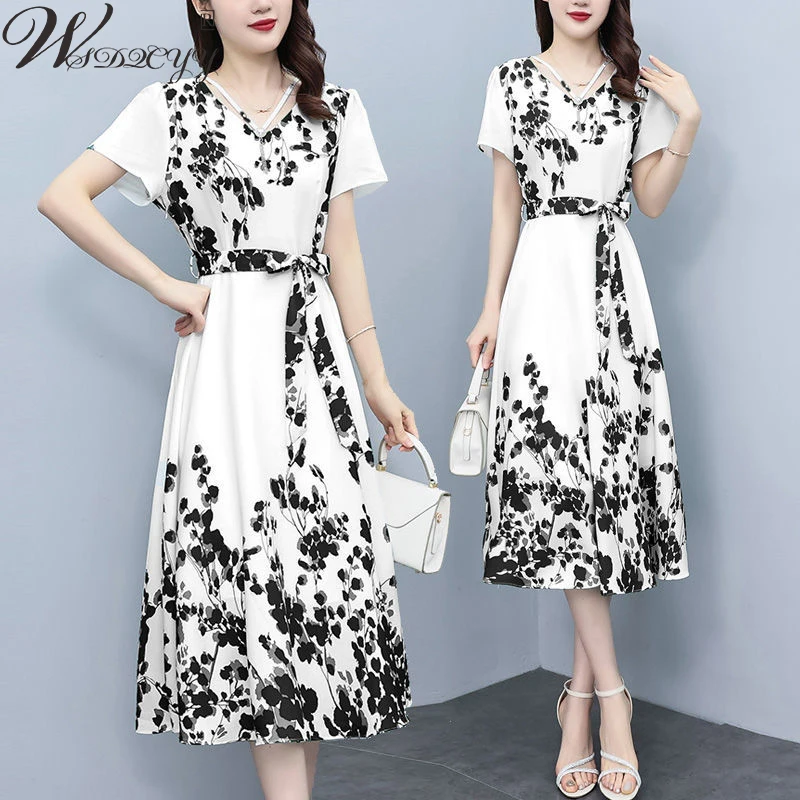 

Women 'S Print V-Neck A-Line Dress 2023 Summer Lace Up Waist High Waist Party Dress Plus Size Loose Short Sleeve Vestidos De