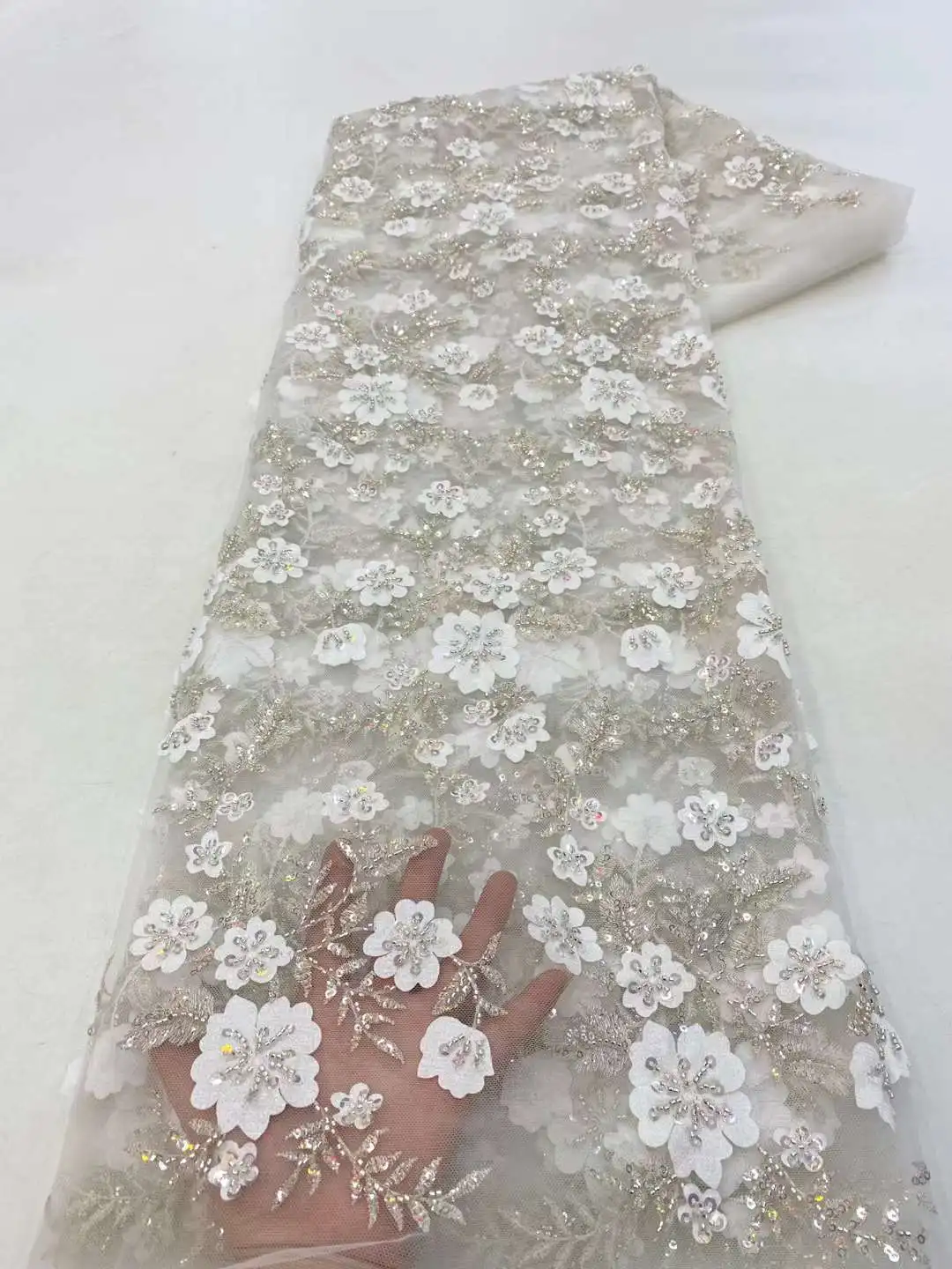 

3D Small Flowers and Beads Nigerian Lace Fabric 2JRB-10195 French Embroidered Mesh Material for Fashion Show or Party Dress