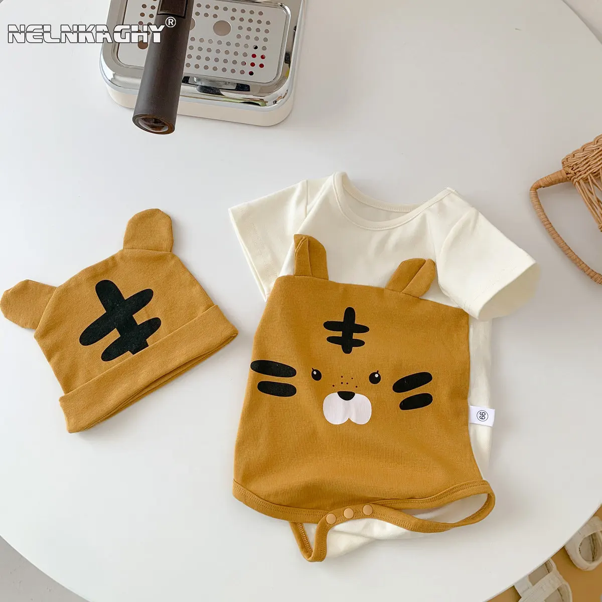 Gift Hat Newborn Baby Boys Girls Short Sleeve Patch Tiger 3D Ear Outfits Kids Infant Cotton Clothing One-piece Bodysuits