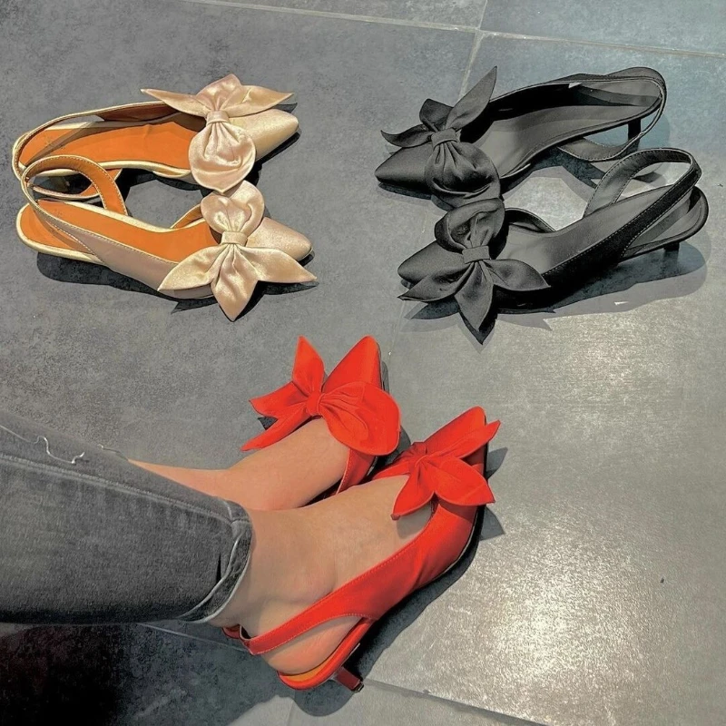 

Новые летние сандалии Baotou с бантом 2022 однотонные остроносые женские туфли на среднем каблуке элегантные туфли-лодочки на шпильке для вечер...