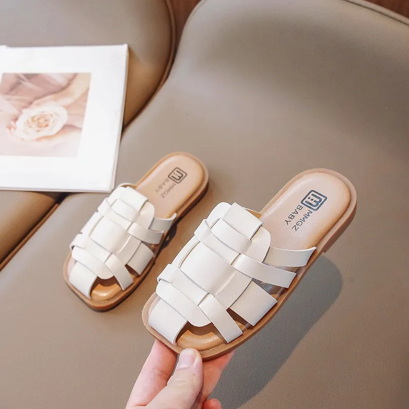

CAPSELLA KIDS Girls Summer Solid Color Weave Beach Sandals Slippers Shoes Children Boys Non-Slip Flat Slippers Size 26-36