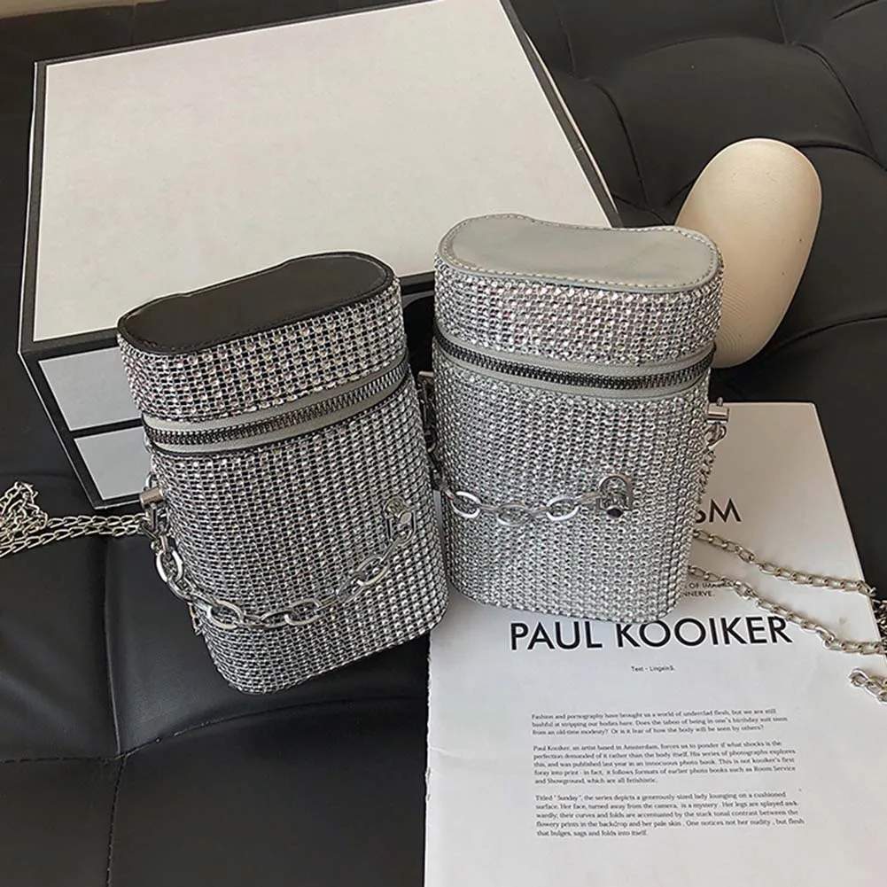 

Fashion Diamond Rhinestone Shoulder Bags Cylinder Bucket PU Leather Shoulder Bag Small Handbag for Traveling