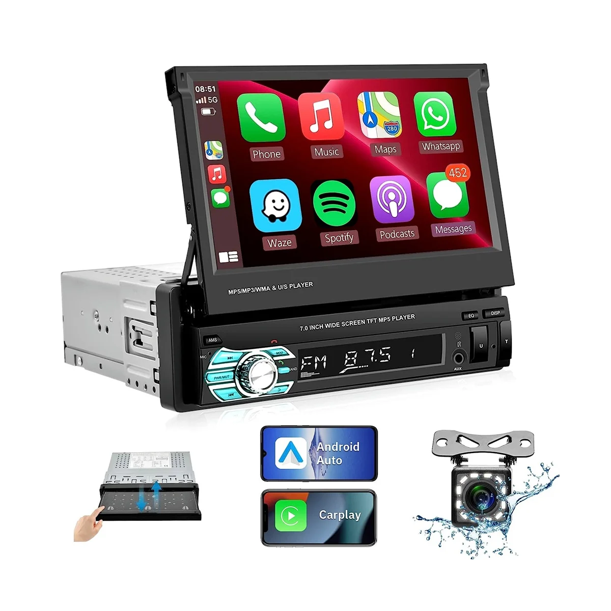 7-дюймовый ручной флип-стерео автомобиль Carplay Android авто один Din HD сенсорный экран