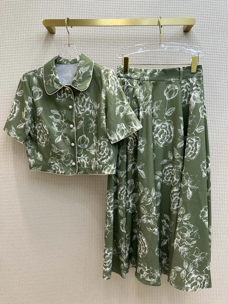 

2023 Elegant women's suit Two Color Printting Lapel short-sleeve top with Skirts suits female