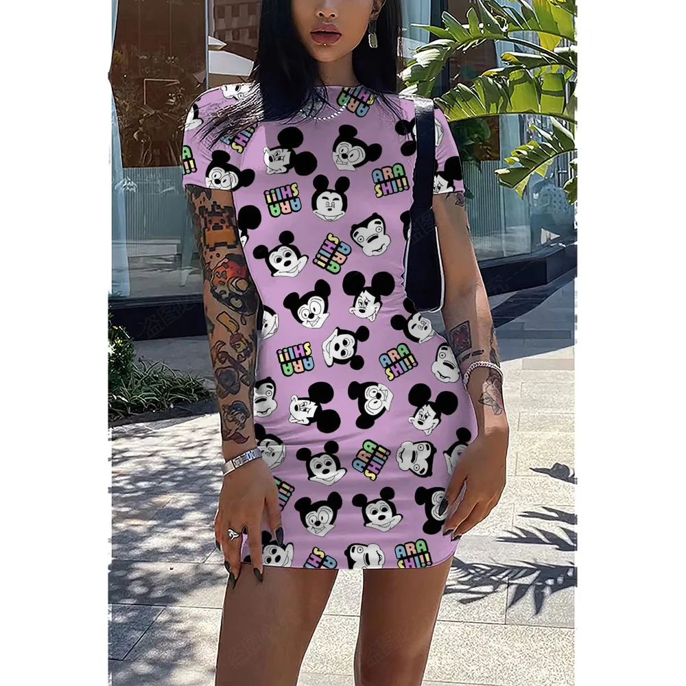 

New Disney Mickey Mouse Minnie Round Neck Short Sleeve Pencil Dress Women's Street Spice Girls Bag Hip Skirt Women 2022