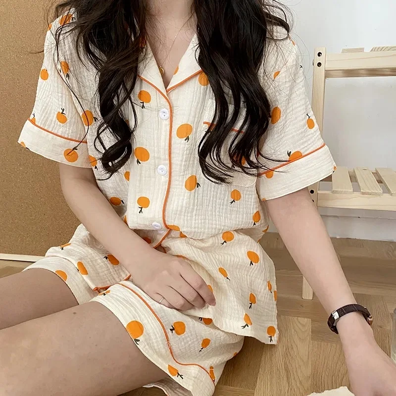 QWEEK Cotton Gauze Pajamas for Women Korean Sleepwear Orange Print Pijamas Pyjamas Short Sleeve 2 Piece Female Set Dropshipping