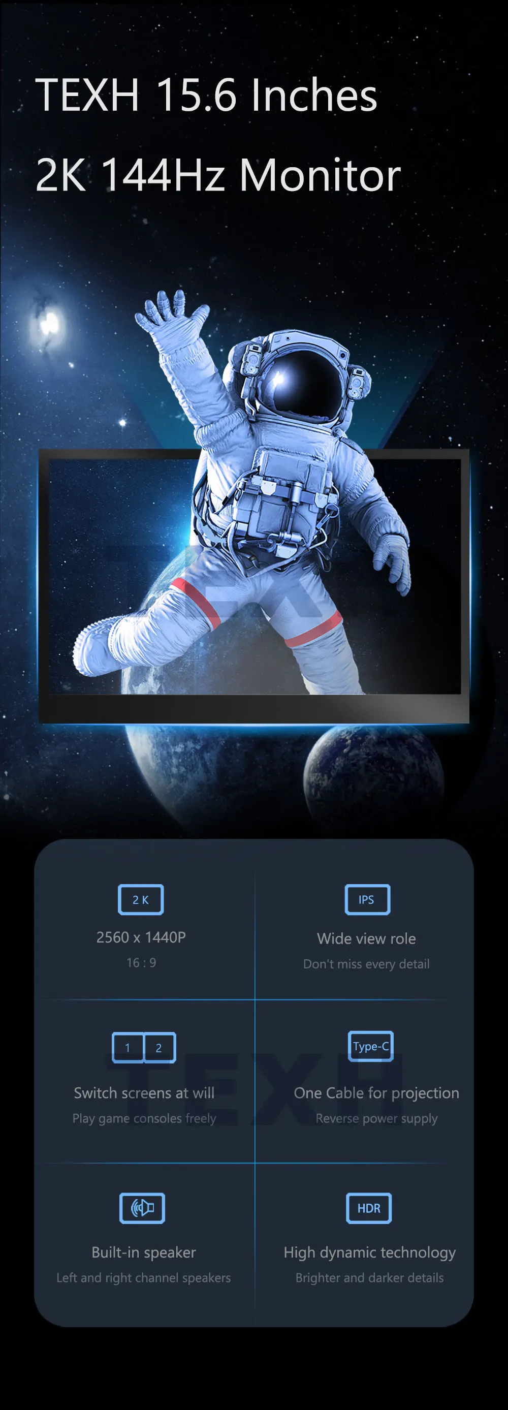 15 6-дюймовый 144 Гц 2K игровой портативный монитор 100% sRGB IPS USB Type-C HDMI вторичный