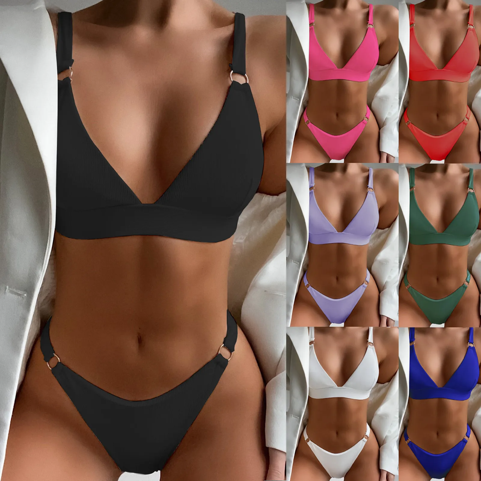

Women Ribbed Ring Bikinis Swimsuit Sexy Push Up Solid Bikini Hawaii Solid Swimsuit Summer Beach Wear Swimming Push Up Set Sexy