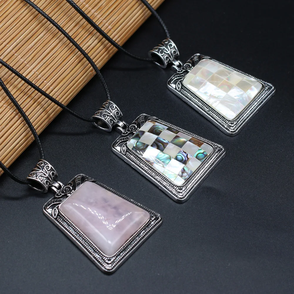 

Trapezoidal Natural Crystal Rose Quartz Blue Sand Stone Vintage Stone Alloy Necklace Pendant Rope Chain for Women's Jewelry Gift