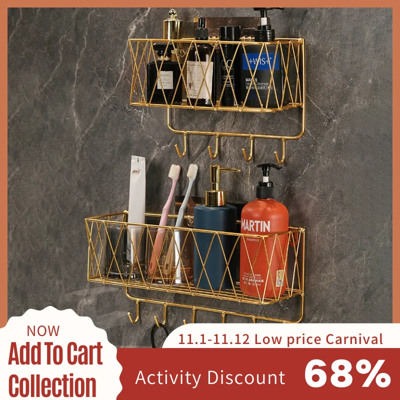  Bathroom Shelf Organizer Basket Luxury Wall Hanging No-drill Storage Rack Bedroom Toilet Toothbrush Holder Bathroom Accessories 