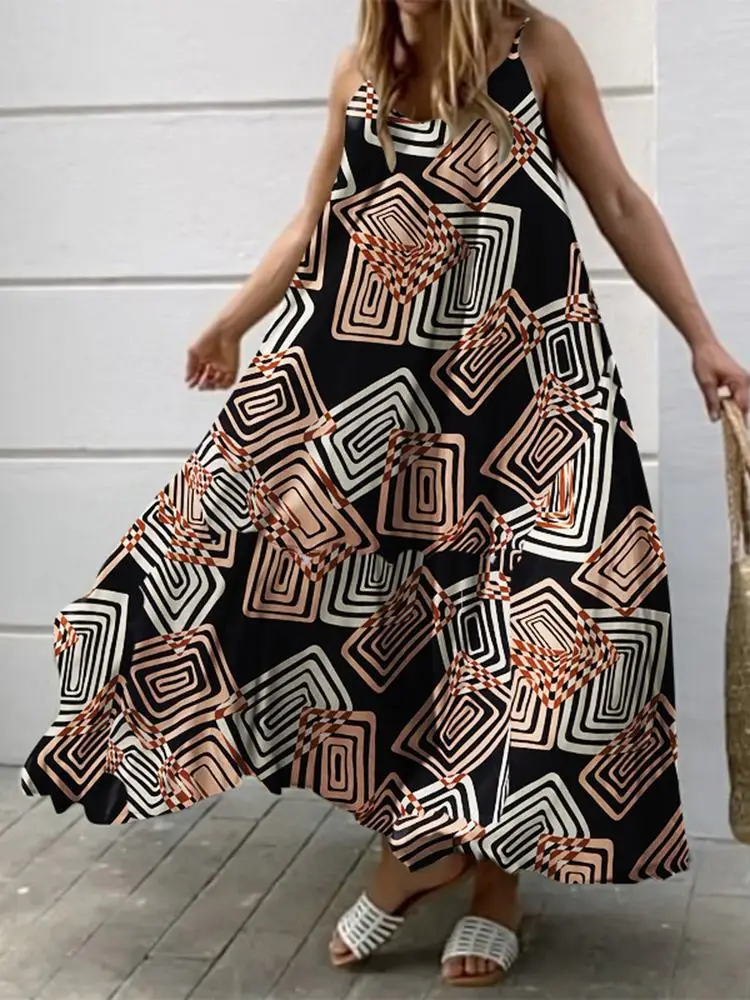 

Women Summer Strap Dress 2022 Fashion Bohemian Printed Robe ZANZEA Elegant Sleeveless Swing Vestidos Beach Holiday Midi Dresses