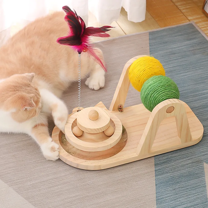 

New Cat Solid Wood Turntable Sisal Rope Ball Board Grinding Paws Kitten Catching Ball Feather Spring Toys Cat Accessories