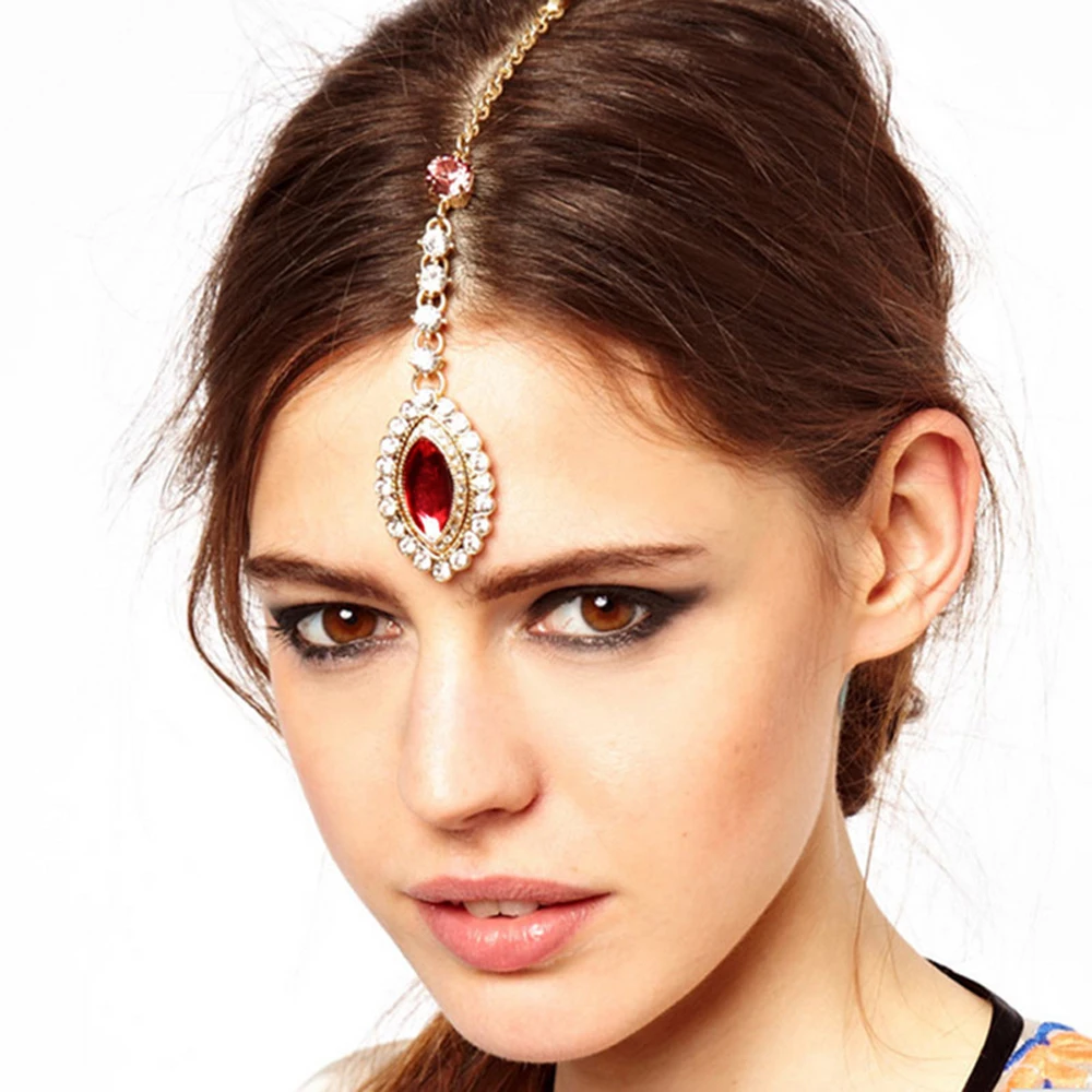 

Big Crystal Pendant Forehead Head Chain Hairpin Hair Accessories for Women Ethnic Tribal Tiara Headpiece Tikka Indian Jewelry