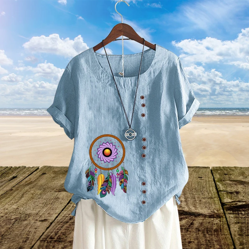 

Женская льняная блузка с коротким рукавом и круглым вырезом, свободного покроя