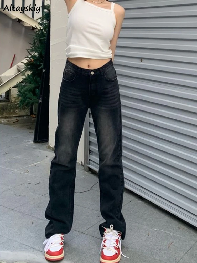 

Straight Jeans Women Bleached Classic Retro High Street Casual Simple All-match Colleges Denim Trousers Empire Harajuku Summer
