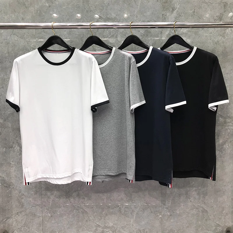 TB THOM Top Women Contrast Trim Crewneck Slim Casual Short-Sleeved Blouses Summer Fashion Brand Korean Design Men T-shirt