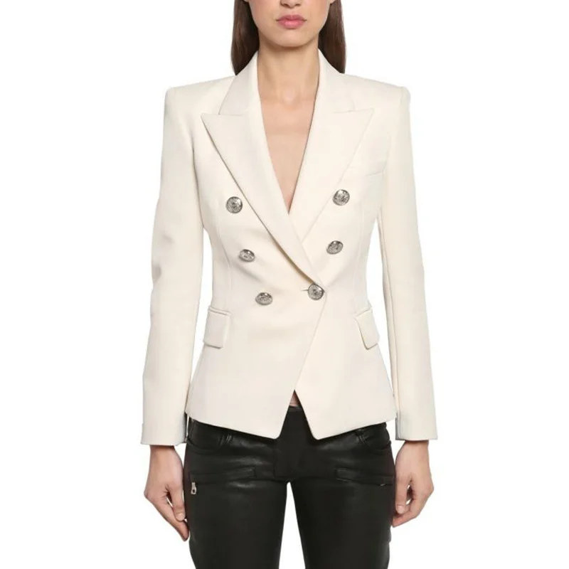 2022 Women's Blazer Thick Fabric Double-breasted Silver Button Slim White Black Blue Khaki Office Ladies Blazer Jacket Women