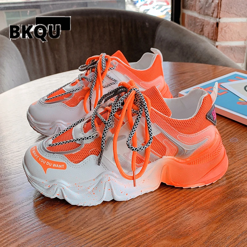 

2023 Sneakers Fashion Women Shoes Blue Orange Mesh Casual Shoes Woman Trainers Lace-Up Platform Sneakers Women Vulcanize Shoes