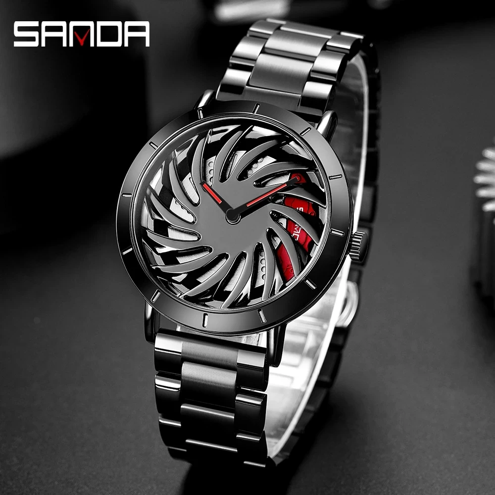 

Новинка 2023, модные новые мужские часы, Уникальные кварцевые наручные часы с перфорацией и колесом, водонепроницаемые подарки SANDA 1054