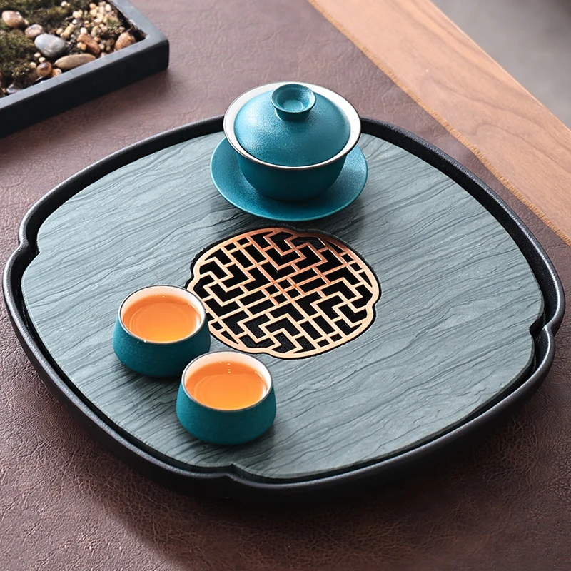 

Black Tray Serving Storage Gong Fu Tea Stone Ceramic Small Round Tray Bandejas Decorativas Para Centro De Mesa Tableware