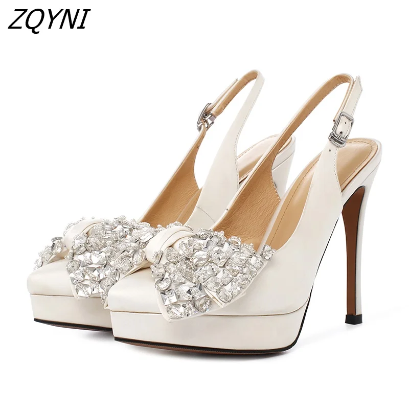

2022 thick soled high heels women's high heels bowknot crystal decorative foot fighter sandals party office apricot black shoes
