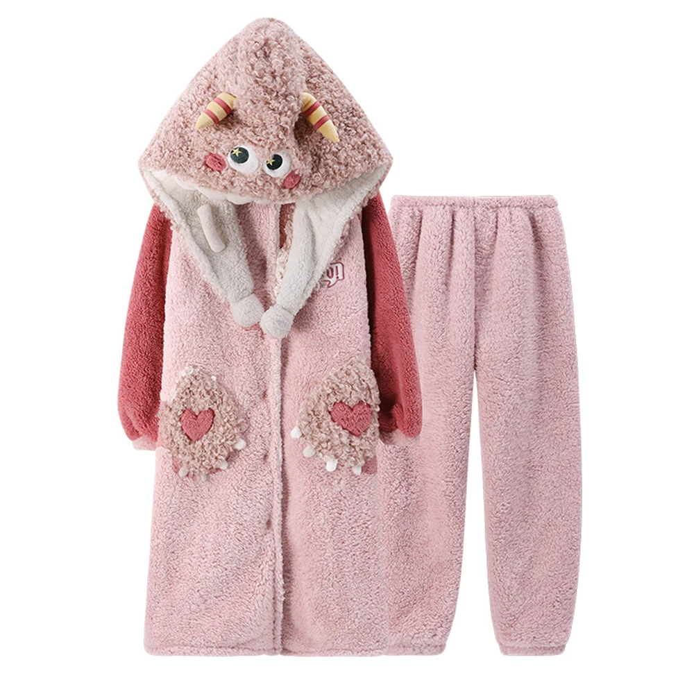 Plush Nightgowns Suit Women Men Long Sleeve Sleepwear Cartoon Animal Cosplay Pajamas Set Winter Flannel Sweet Hooded Sleepshirt
