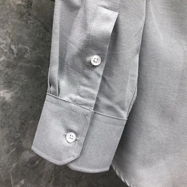 TB New Fashion Light Grey Men Shirt Blouse Casual Long Sleeve Cotton Oxford Male Dress Shirts Fit Top Quality Blouse with Pocket