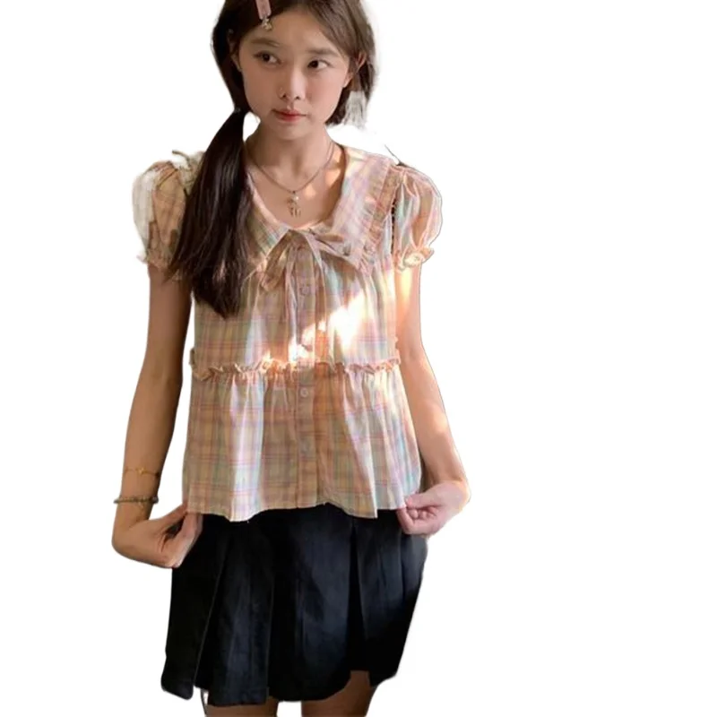 Рубашки и блузки в клетку корейская модная женская блузка с отложным воротником
