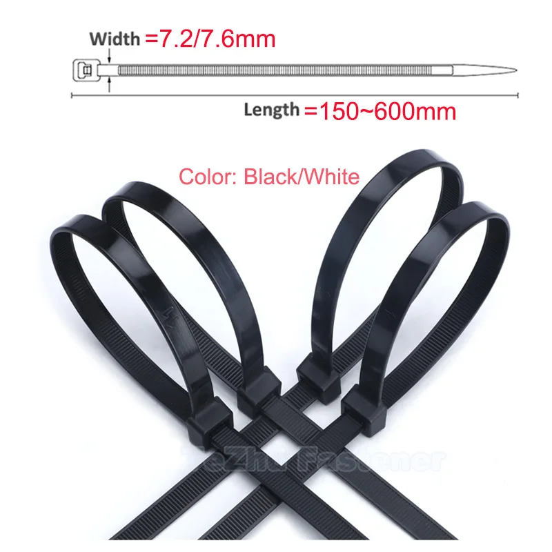 

100pcs 8x150~600mm Self-locking Plastic Nylon Cable Tie Black White Cable Organizer Tie Fastening Ring Industrial Cable Zip Tie