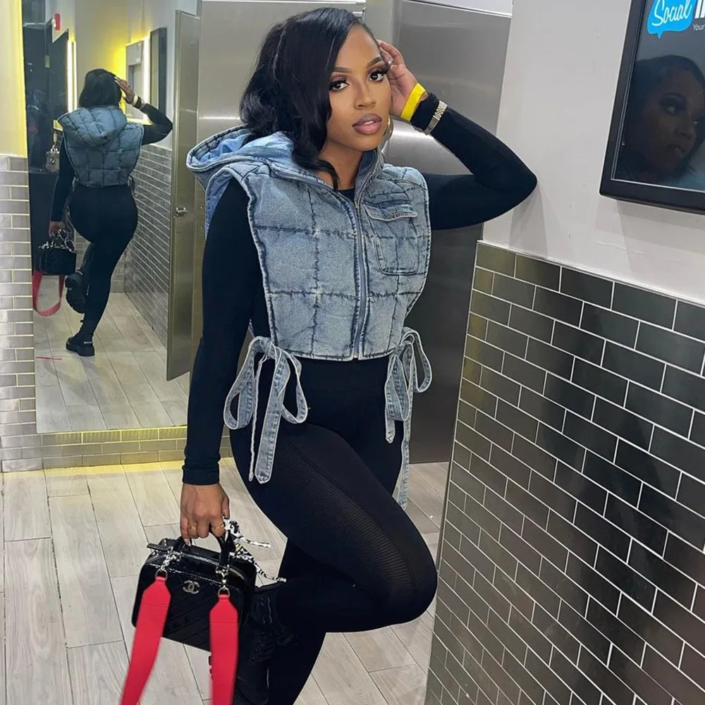

Women Fashion Streetwear Hooded Denim Vest Puffer Jacket Side Lace Up Zip Up Crop Top Winter Coats Outerwear XXL