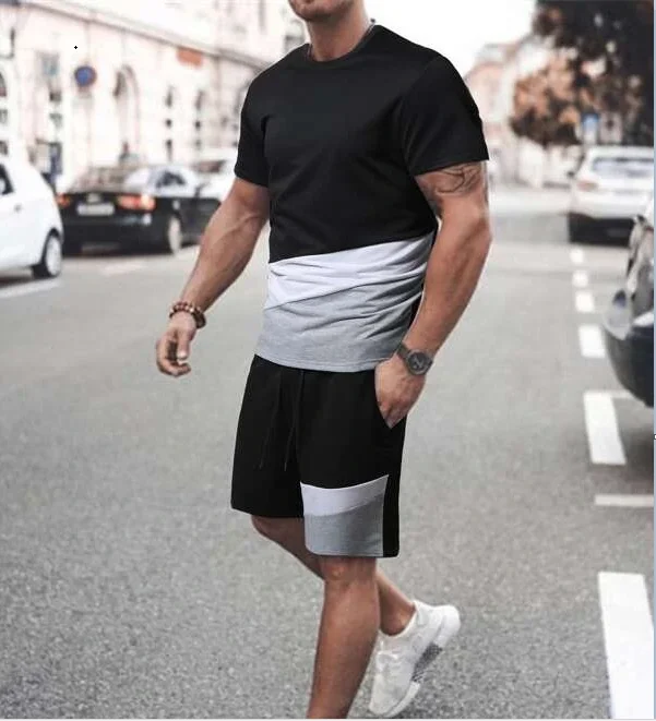 Summer Fashion Luxury Brand Men's Sportswear Cotton T-shirt+shorts Two Piece Jogging Fitness Sports Casual Set Style Collar