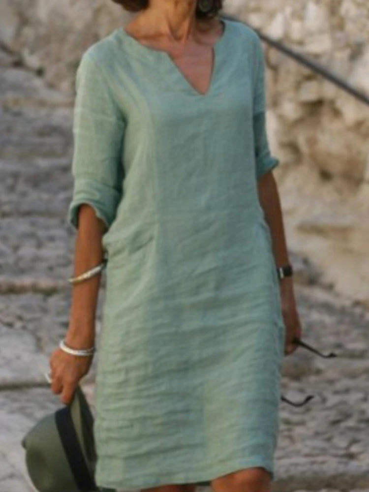 

Spring Summer V Neck Solid Color Dresses Women Clothing Vintage Ladies Half Sleeve Midi Dress Oversized Clothing