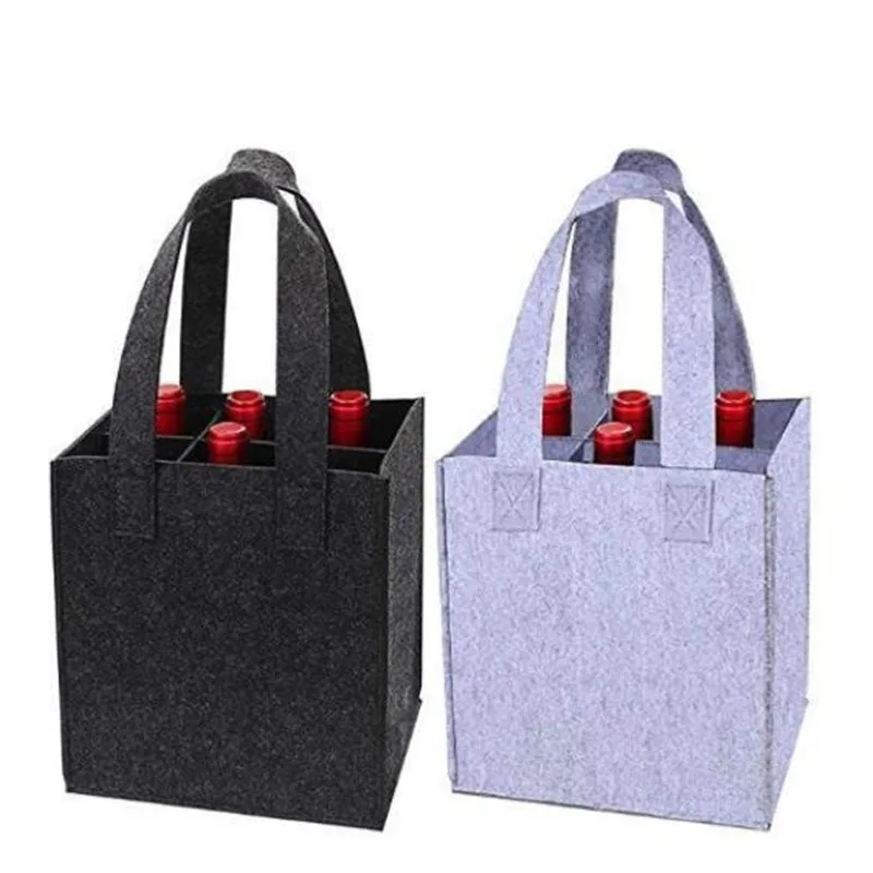 

Reusable Fashion Felt Bag Wine Holder Beer Bottle Shopping Tote Bag Bottle Carrier With 6 Bottles Divider Washable Grey